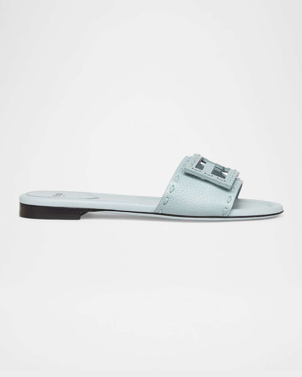 Baguette FF Leather Buckle Flat Slide Sandals